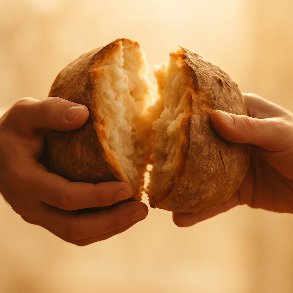 Hands sharing a loaf of bread