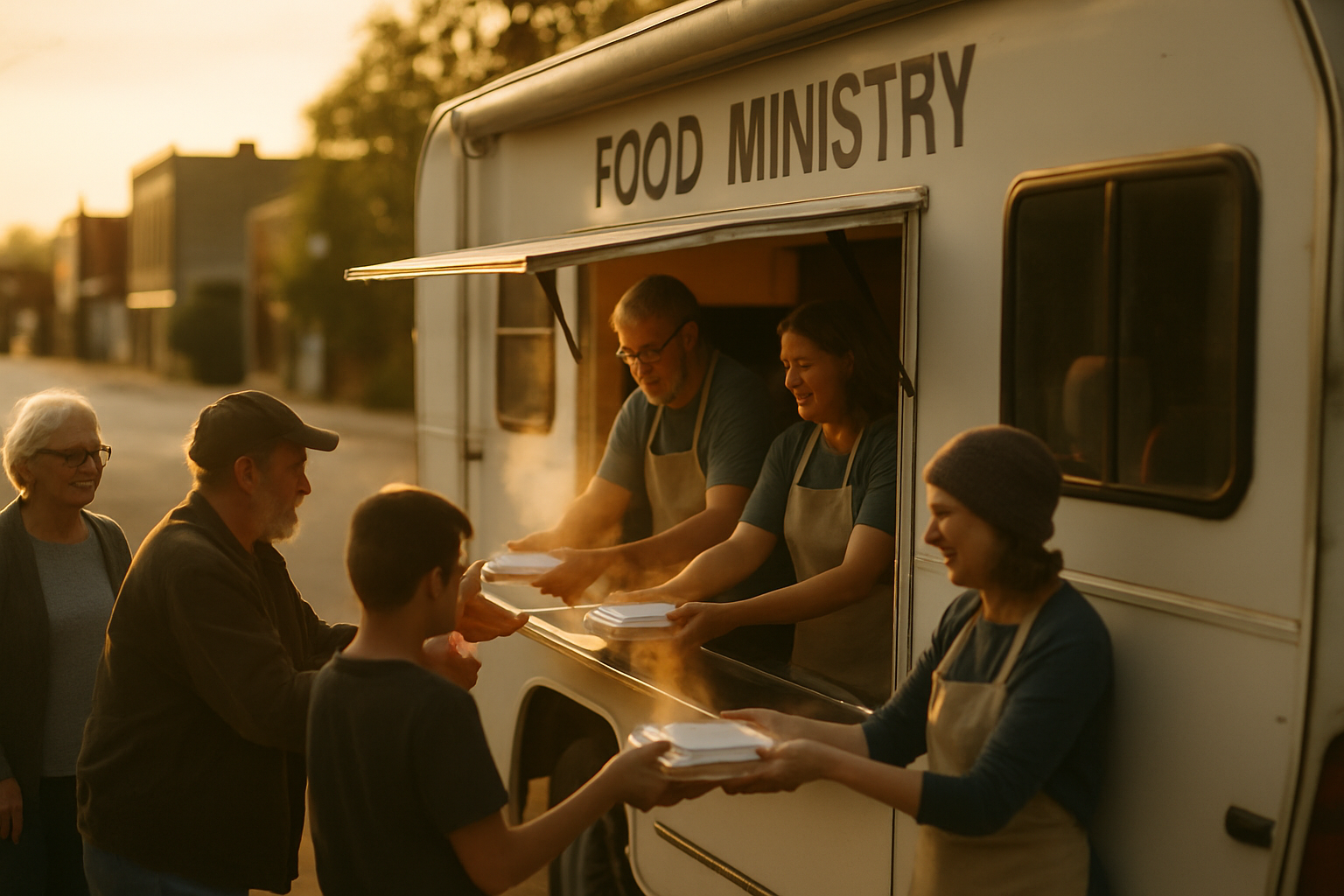 Volunteers serving hot meals from the ministry food RV at golden hour